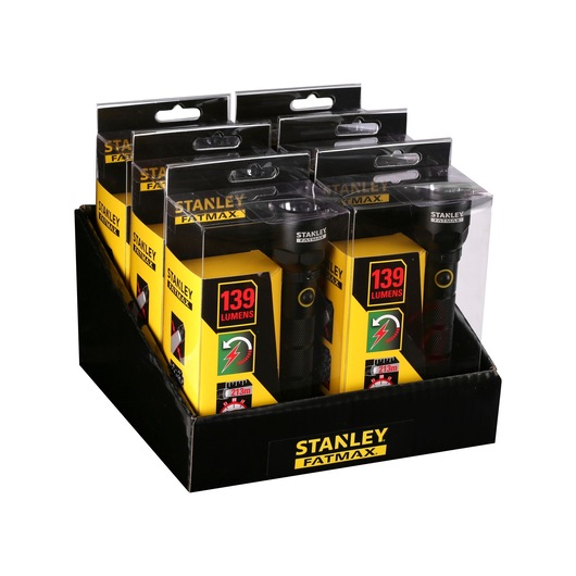 STANLEY 1-95-154 FatMax flashlight display box, yellow packaging, 139 lumens, product front angle.