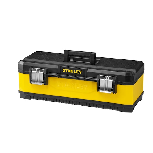 Photo of STANLEY 1-95-614 yellow and black toolbox with metal latches, front angle, on white background.