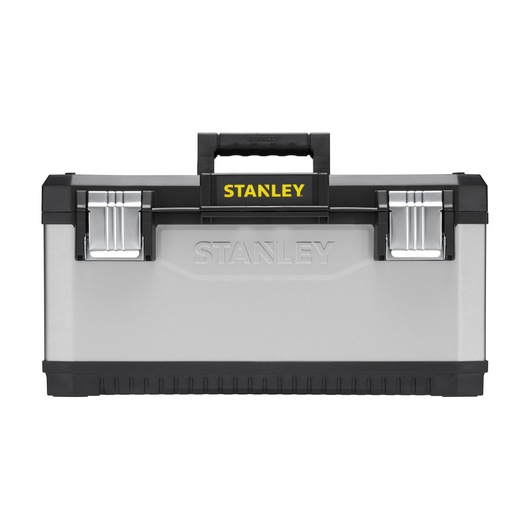 STANLEY 1-95-616 toolbox front view, silver body with black and yellow handle, two metal latches.