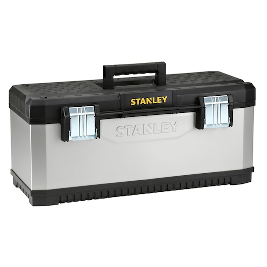 STANLEY 1-95-617 silver and black FATMAX toolbox with metal latches, photographed at angle on white background.