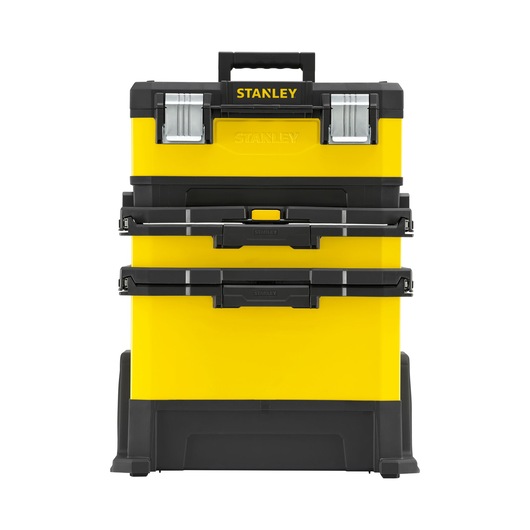 Front view photo of STANLEY 1-95-621 yellow and black rolling tool chest with three compartments and top handle.