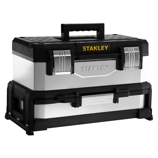 STANLEY 1-95-830 tool box, silver with black accents, metal latches, and top handle, front angle photo.