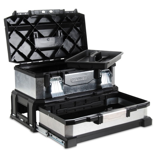 Photo of STANLEY 1-95-830 metal and plastic toolbox with open lid, removable tray, and extended drawer, product angle view.