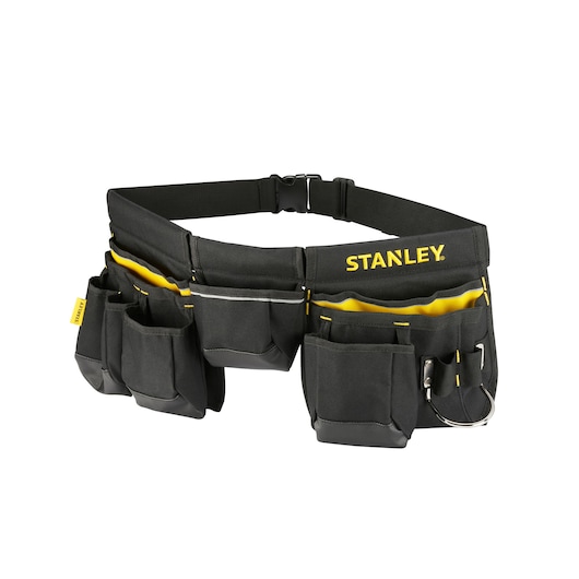 STANLEY 1-96-178 tool belt with multiple black and yellow pockets, front angle, on white background.
