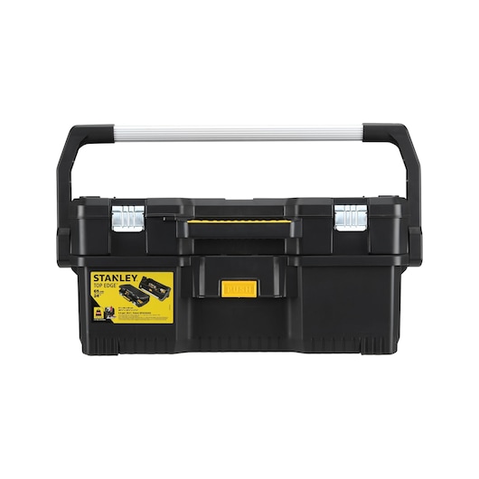 STANLEY 1-97-506 black toolbox with metal handle front view on white background