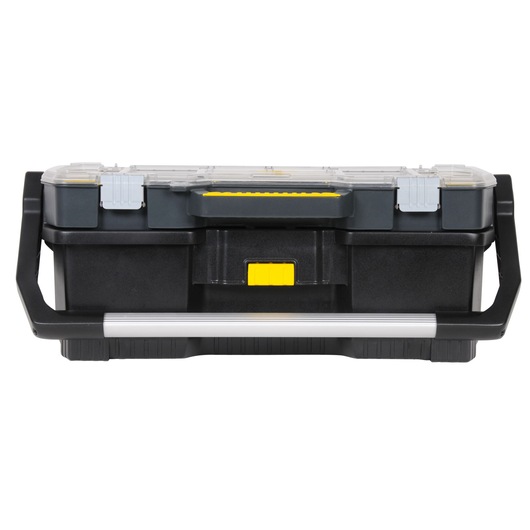 STANLEY 1-97-514 tool box with transparent lid, black body, yellow accents, front angle, photography.
