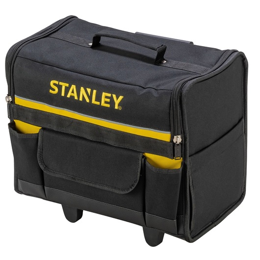 STANLEY 1-97-515 tool bag with handle, black fabric, yellow stripe, front angle photo.