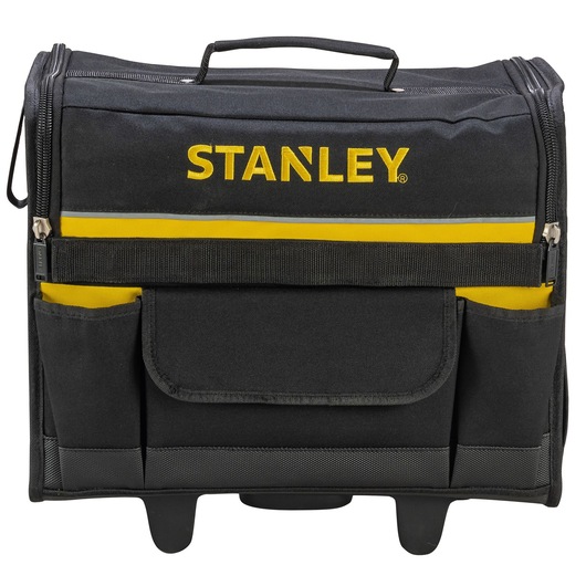 STANLEY 1-97-515 black and yellow tool bag with handle, front pocket, and side pockets, front angle.