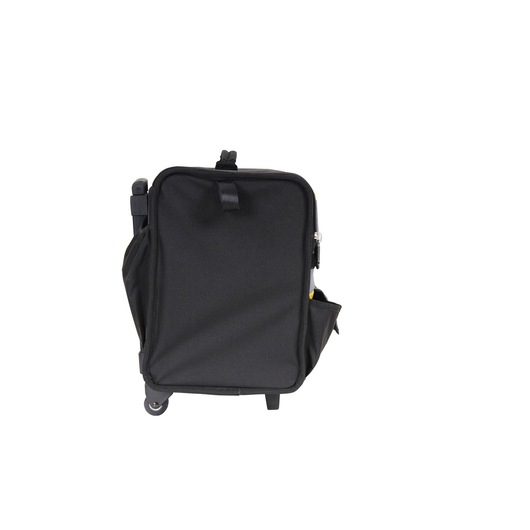 STANLEY 1-97-515 black rolling tool bag, front angle, with side pocket and retractable handle.