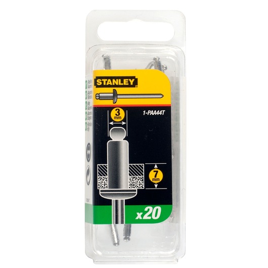 Stanley pack of 20 aluminum blind rivets, 3mm diameter, 7mm grip range, for general fixing jobs.