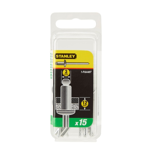 STANLEY 1-PAA48T pack of 15 metal blind rivets, 3mm diameter, 12mm length, front view, in clear plastic packaging.