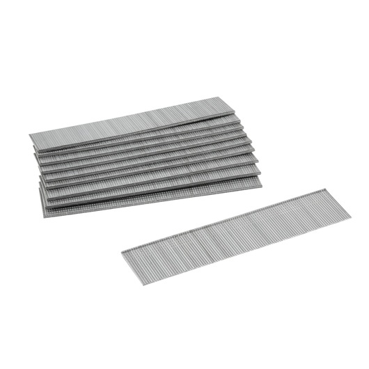 Close-up of stacked metallic strips of nails for a nail gun on a white background.