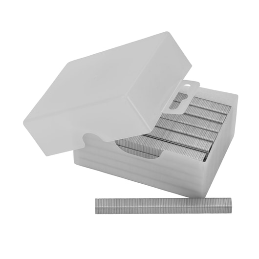 STANLEY 1-TRA705-5T box of silver staples for staplers, front angle, photography on white background.