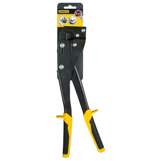 STANLEY 15-261 hand riveter, black metal body with yellow and black handles, front-facing packaging.