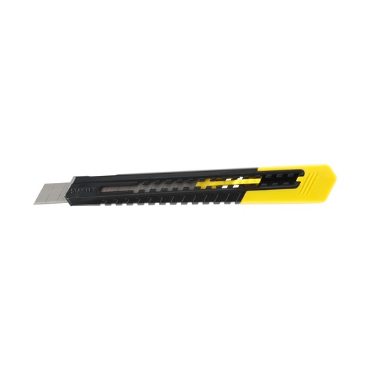 STANLEY 2-10-150 black and yellow snap-off utility knife, side angle, on white background.