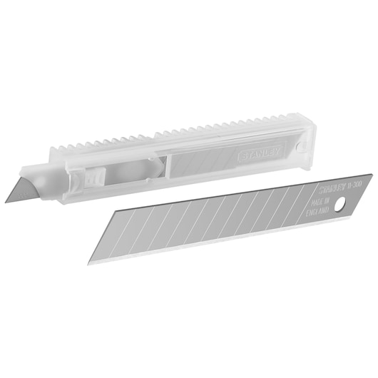 STANLEY 2-11-300 snap-off blade in plastic case, silver blade with angled edges, photography on white background.