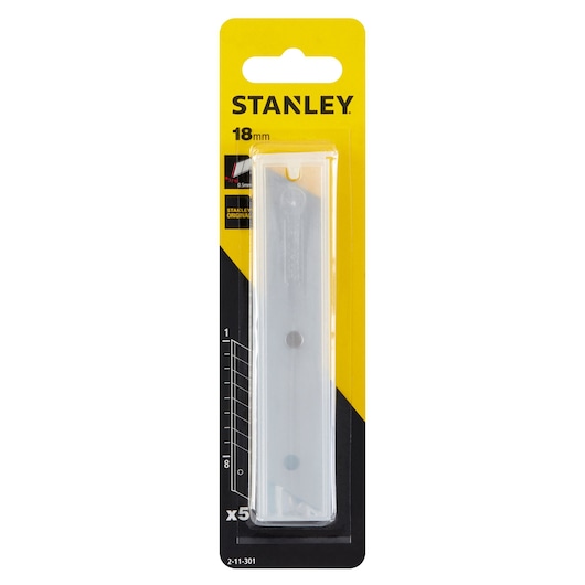 STANLEY 2-11-301 utility knife blades in 18mm plastic dispenser, product front on white background.