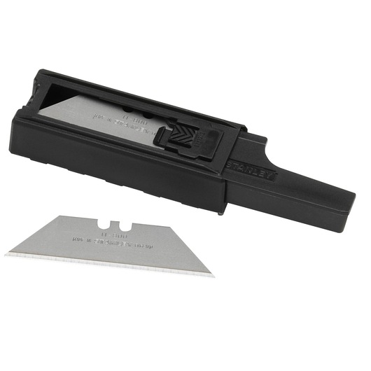 STANLEY 2-11-800 utility knife blade and black dispenser on white background, photography side angle.
