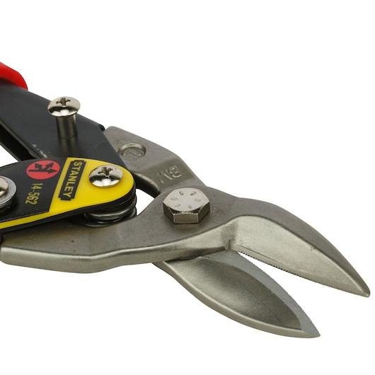 Photo of STANLEY 2-14-562 aviation snips with serrated steel blades, angled side view, black and yellow handle.