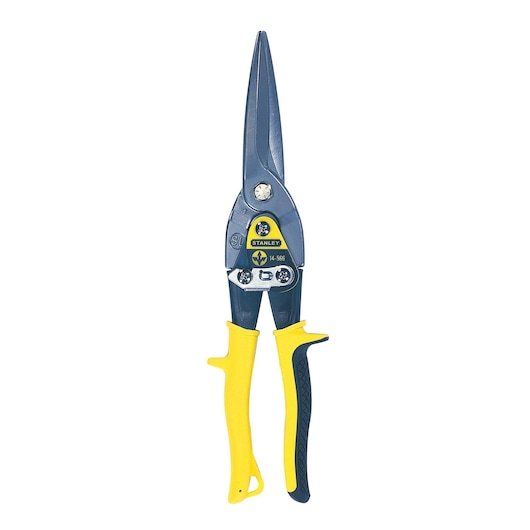 Stanley aviation snips with yellow and black handles, suitable for cutting sheet metal.