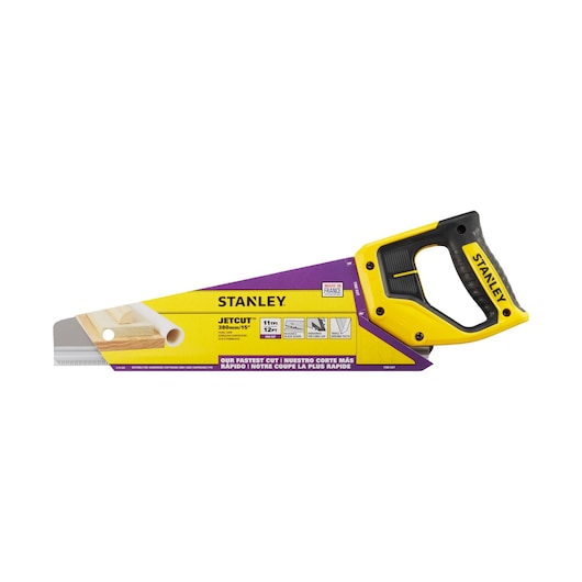 STANLEY 2-15-594 hand saw with yellow and black ergonomic handle, JetCut 380mm, side view on white background.