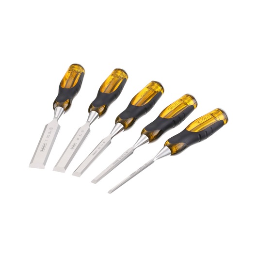 STANLEY 2-16-271 chisel set with five chisels, yellow and black handles, angled front view on white background.