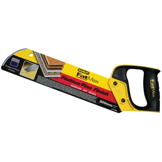 Stanley FatMax 2-17-204 fine finish hand saw, 300mm, yellow and black handle, side angle photo.