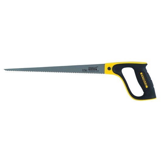 Stanley hand saw with a tapered blade and ergonomic black and yellow handle, suitable for woodworking tasks.