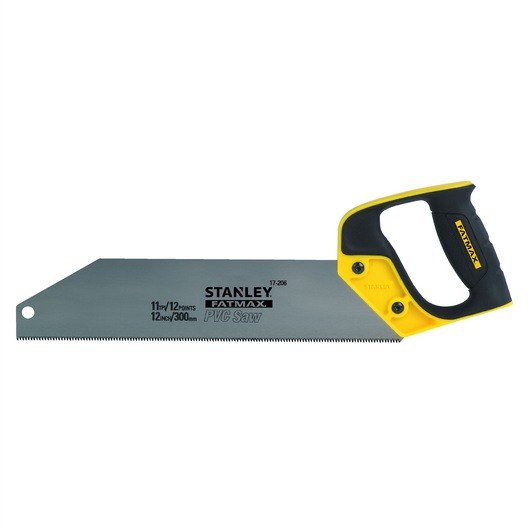 STANLEY 2-17-206 hand saw with yellow and black ergonomic handle, straight blade, side angle, photography product.