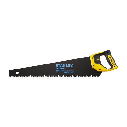 STANLEY 2-20-149 hand saw with black blade, yellow and black ergonomic handle, side view, on white background.