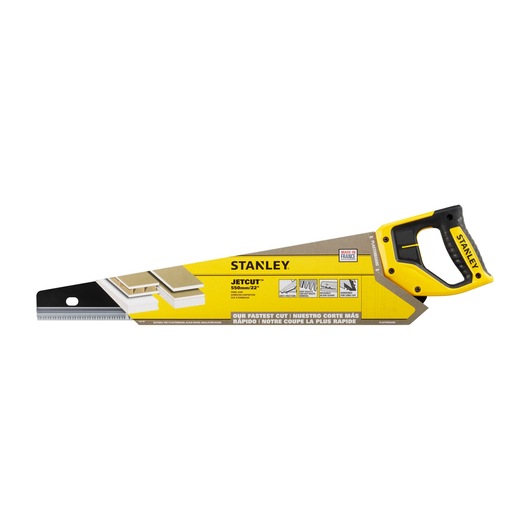 Stanley 2-20-149 JetCut hand saw, yellow and black handle, side angle, photography category.