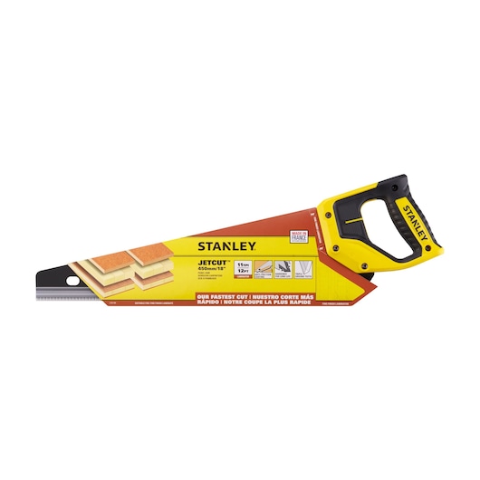 STANLEY 2-20-180 hand saw, JetCut blade, black and yellow handle, side angle on white background.