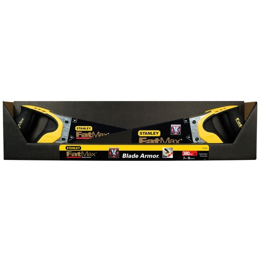 STANLEY 2-20-528 FatMax hand saw with yellow and black handle, front angle, in packaging.