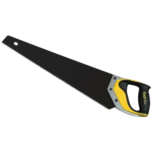 Hand saw with a black blade and yellow-black handle, suitable for cutting wood or general carpentry use.
