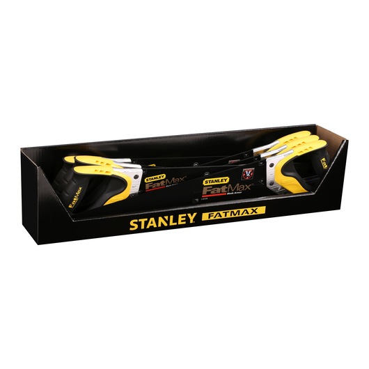 STANLEY 2-20-529 saws with yellow and black handles, boxed, front angle photo.