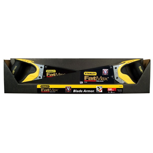 STANLEY 2-20-529 hand saw with FatMax Blade Armor, yellow and black handle, front angle, packaging shown.