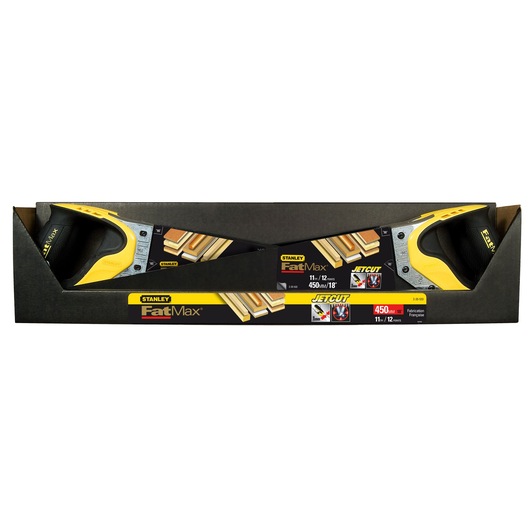 Stanley FatMax JetCut hand saw with yellow and black handle in packaging, 450 mm size displayed.