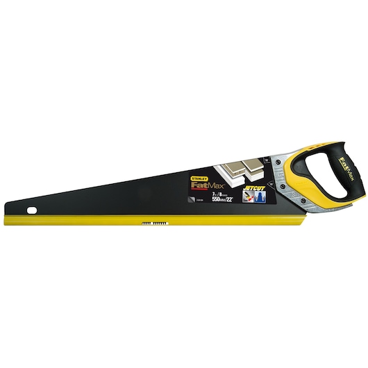 STANLEY 2-20-534 hand saw, FatMax JetCut, yellow and black handle, photography, side view on white background.