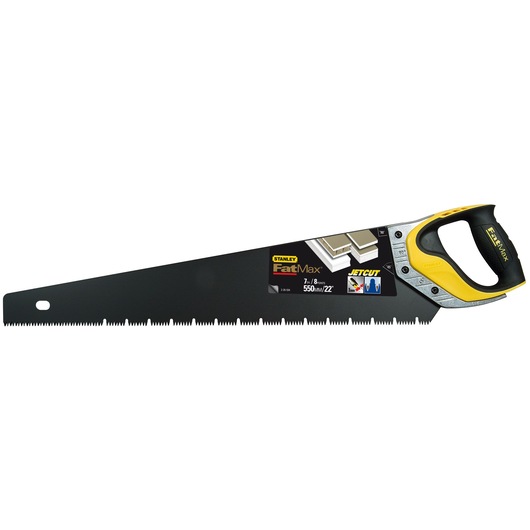 STANLEY 2-20-534 hand saw, FatMax JetCut, 22 inch blade, black and yellow ergonomic handle, right side view.