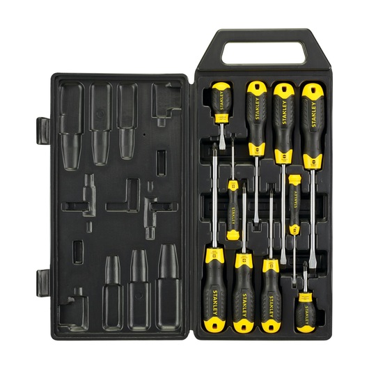 Stanley screwdriver set in black case with yellow and black handles, various sizes arranged in slots.