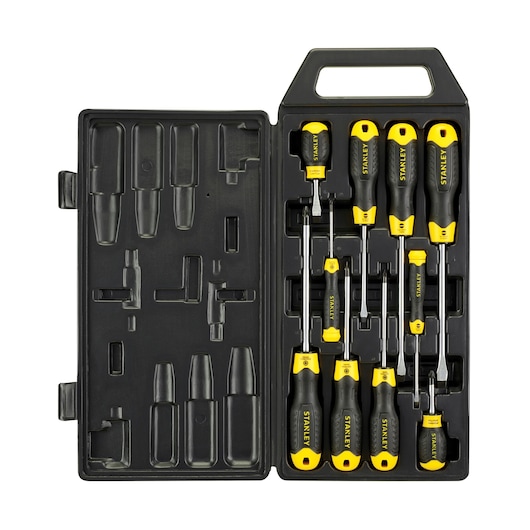 STANLEY 2-65-014 screwdriver set in black case, top view, showing eight screwdrivers with black and yellow handles.