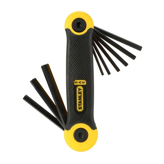 Stanley foldable hex key set with black keys and yellow black handle, keys extended on both sides.