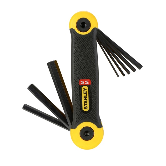 Stanley foldable hex key set with yellow and black handle, various sizes extended for use.