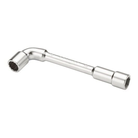 Chrome finish STANLEY socket wrench with two hex ends, used for tightening or loosening bolts.