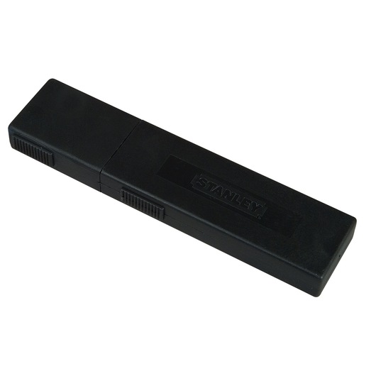 STANLEY 3-11-725 black rectangular blade storage case, top angle, photography.