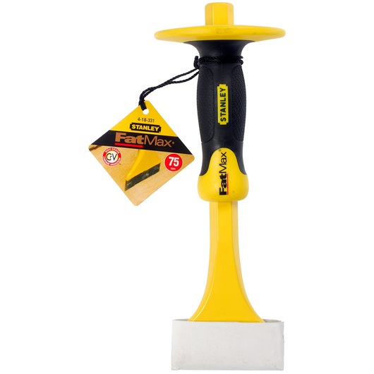 STANLEY 4-18-331 FatMax chisel with hand guard, yellow and black, front angle, photography.