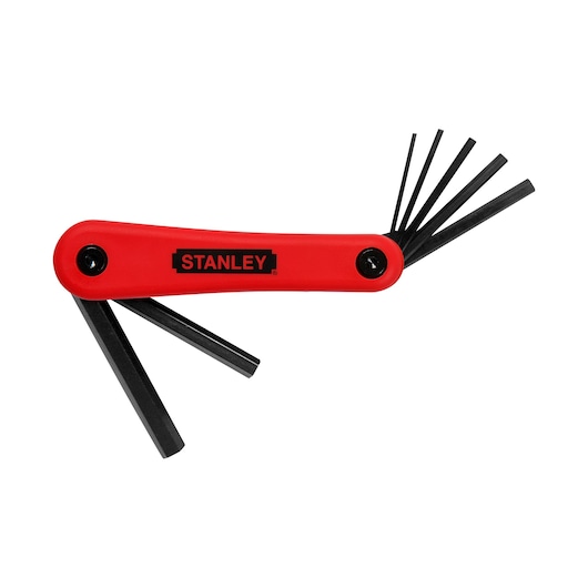 STANLEY 4-69-262 hex key set with red handle, angled view, keys extended.