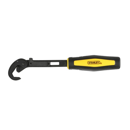 STANLEY 4-87-989 adjustable hook spanner with black and yellow handle, side angle, white background.