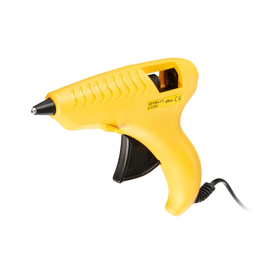 Photo of STANLEY 6-GR20 yellow hot glue gun, side view on white background.