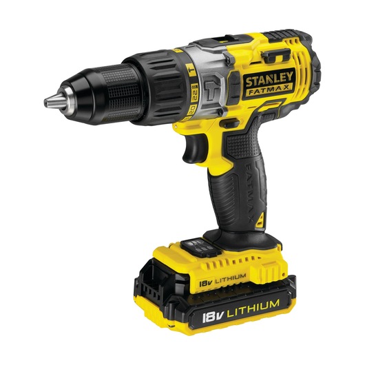 Photo of STANLEY FMC625D2 cordless 18V lithium drill driver, yellow and black, angled view on white background.